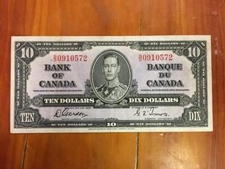 1937 Bank Of Canada Ten Dollar Bank Note, Excellent Condition.