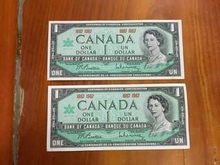 Pair Of 1987-1967 Bank Of Canada One Dollar Bank Notes, Uncirculated.