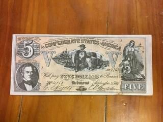 Reproduction 1861 Confederate State Of America Five Dollar Bill.