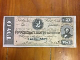 Reproduction 1864 Confederate States of America Two Dollar Bill
