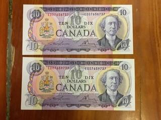 1971 Bank of Canada Ten Dollar Bank Notes, 1000 Apart Cut from Sheet, Uncirculated.