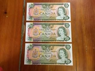 1979 Bank Of Canada Twenty Dollar Bank Notes, 3 In Sequence, Uncirculated.