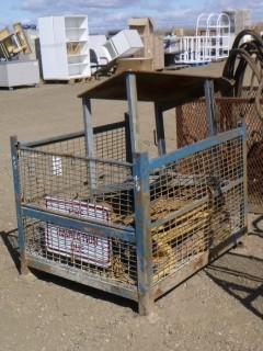 40" x 34" Metal Cage, C/w 24" x 24" Custom Metal Work Bench, Qty of CAT Bucket Teeth and Shank, (2) 12" Cutting Edges, (2) 9.5" Cutting Edges and Scrap Iron (WR4-9)