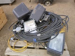(2) Approx 30" General 2C 14 AWG Teck 90 Cable with Lights, C/w 20' General 2C 12 AWG Teck 90 Cable and Light. 50' 2C 12 AWR Teck 90 Cable, (2) Toolway Temporary String Work Lights, 10 Plastic Cages (WR4-8)