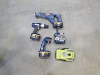 Ryobi Reciprocating Saw, (1) Battery, (1) Drill Work Light, (1) Radio (EE2-2-1)