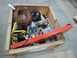 50' Air Compressor Hose, C/w Regulator, Variety of Nuts and Bolts, Optimizer, Battery Charger, Signal Boost Cellular Booster, Cement Anchors (WR4-7)