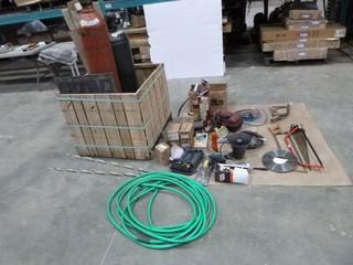 Used Acetylene Tank with Oxygen Bottle, C/w Aluminum cable Locks, Mastercraft Rotary Tool Set, (5) Electro Switch (24203B), (3) Saws, Garden Hose, Assortment of Vacuum Attachments, (2) Fishing Nets with Tackle Box (WR4-7)