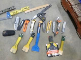 Qty of Utility Knives, Levels, Scrapers, Nail Screws, Cords With No Ends, Speaker Box (EE2-3-3)