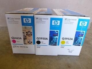 (3) HP Laser Jet 4730MFP and 4700 Printer Cartridges, (1) Q5952A (Yellow), (1) Q6463A (Magenta) (1) Q5950A (Black) (E2)