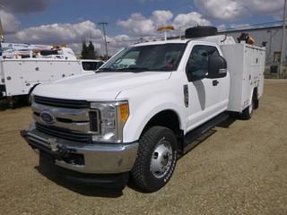 2017 Ford F350 XLT 4X4 Extended Cab Service Truck c/w 6.2L, A/T, Showing 130,561 KMS, Dually, 9" Aluminum General Service Body, Vanair 250 Air n'Arc Welder Compressor (449 Hours) Arc Generator w/ Hose, Nightrider Front Mounted, Light Bar, Rear Mounted Inland Vise, Curt Commercial Trailer and Towing Hitch, Roof Ladder Rack, 245/75R17 Tires At 100%, VIN 1FD8X3H68HEB31339