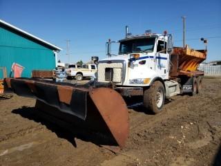 2007 Peterbilt PB335 Plow Truck w/ Snow Plow and Gravel Spreader c/w C7 Diesel, Manual, A/C, Showing 127,309 KMS, 11R22.5 Tires, 12' Snow Plow, No Side Shift, Not Full Lift On Gravel Hopper, Air Leak, VIN 2NPLLD9X37M660549 *Note: Item Located At 4327 Industrial Ave, Onoway. Viewing By Appointment, Contact Shazeeda 780-721-4178*