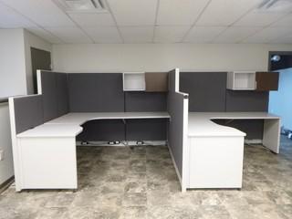 2-Unit Cubicle C/w (2) Approx 86in X 80in X 65in Desks, Electrical Plugs And Upper Cabinets
