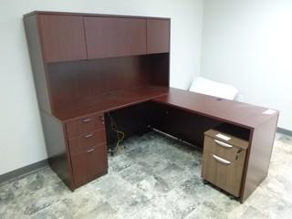 Wood L-Shape Office Desk C/w Hutch And 2-Drawer Portable Side Cabinet