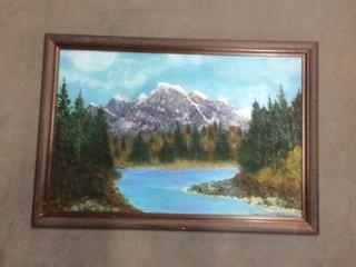 Hand Painted Mountain Lake Scenery Painting, 18 1/4" X 26 1/4".