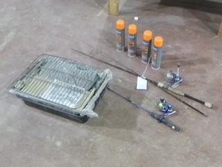 (2) Fishing Rods, (4) Cans Of Kombat Bug Spray And (1) Portable Charcoal BBQ
