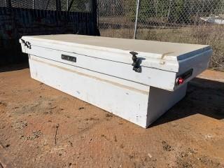 Weather Guard Steel Truck Tool Box, Model 116-3-01, 27 1/8"L x 70 1/2"W x 18 1/2"H, Locking Latches Removed, 2 Bungie Latches, 14" x 22" x 2 1/2" Tray *Note: Item Located At 4327 Industrial Ave, Onoway. Viewing By Appointment, Contact Shazeeda 780-721-4178*