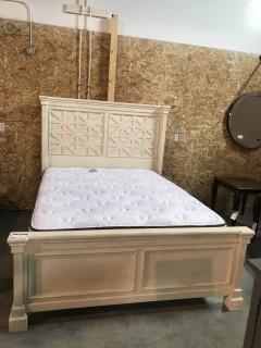Rustic Wood Cream Queen Bed w/ Box & Mattress.