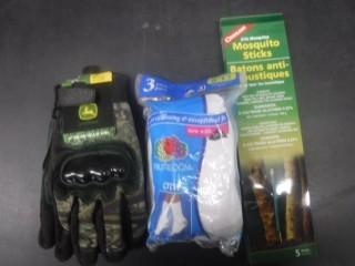 Fruit of the Loom Socks, John Deere Gloves, Coghlans Mosquito Sticks & Misc Household Items