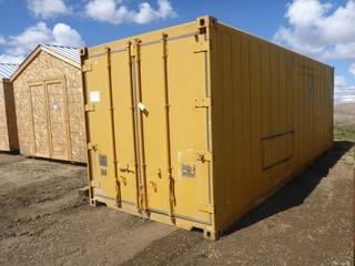 20" Storage Container, Tool Crib w/ Door on one End, C/w Contents (Metal Desks and Chairs)