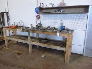 123in X 28in X 39in Wood Work Bench C/w Bolts, Valves, Face Shield, Funnel And Misc Supplies