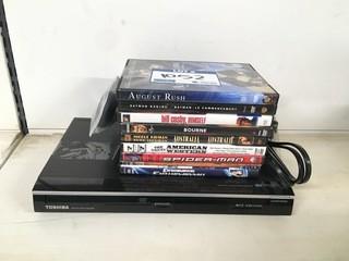 Toshiba DVD Player W/Remote, 9 DVDs.