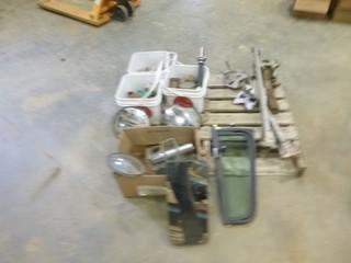 Pallet of Misc. Items, Includes (1) Work Light, Box of Mirrors, Bucket of Pipe Fittings and More