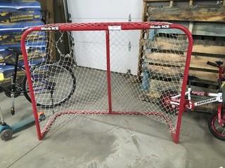 Red Metal Frame Hockey Net (Some Holes In Net).