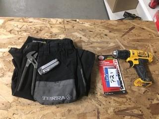 36/32 Work Pants, 12 Volt Dealt No Battery Drill, Pliers, Leatherman Knife, Muffler Tape.