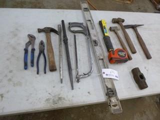 Qty Of Assorted Hand Tools Includes: Laser Auto Tape, Hammers, Level, Stanley Stapler And Pry Bar
