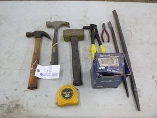 Qty Of Assorted Hand Tools Includes: Hammers, Stanley Rivet Gun, Pry Bar And Tap Measure