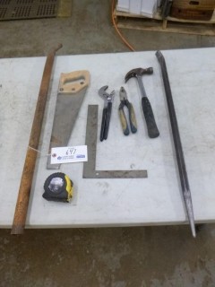 Qty Of Assorted Hand Tools Includes: Hammer, Pry Bar, Square, Hand Saw, Tape Measure And Pliers