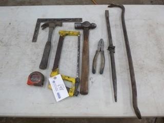 Qty Of Assorted Hand Tools Includes: Hammers, Square, Pry Bars, Hand Saw And Tape Measure