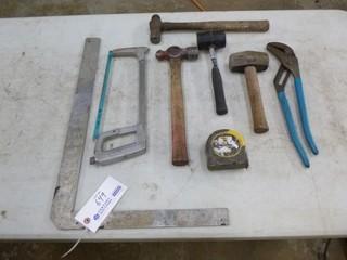 Qty Of Assorted Hand Tools Includes: Hammers, Mallet, Tape Measure, Hand Saw, Square And Pliers