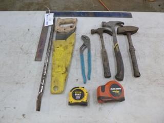 Qty Of Assorted Hand Tools Includes: Hammers, Pry Bar, Square, Hand Saw, Tape Measure And Pliers