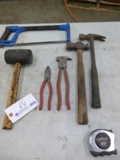 Qty Of Assorted Hand Tools Includes: Hammers, Rubber Mallet, Hand Saw, Pliers And Tape Measure