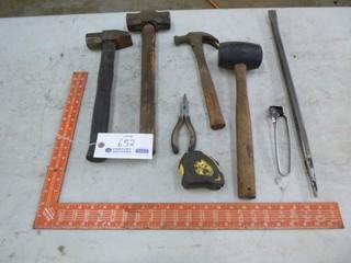 Qty Of Assorted Hand Tools Includes: Hammers, Rubber Mallet, Pry Bar, Square, Pliers, Striker And Tape Measure