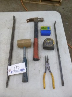 Qty Of Assorted Hand Tools Includes: Hammer, Pry Bars, Rubber Mallet, Letter Punch Kit, Pliers And Tape Measure