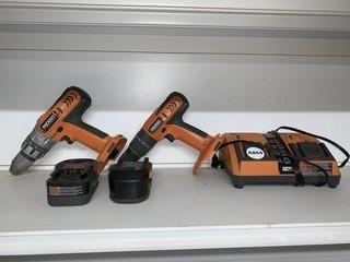 Rigid 18 Volt Drill Set, (2) Drills, (1) Charger, (2) Batteries.