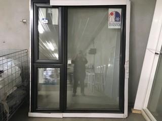  Black Window Trim, One Window Opens, (Inner Trim Dim.) 2 3/4" D, 59 1/4" 71" T. (One Damaged Window Glass)