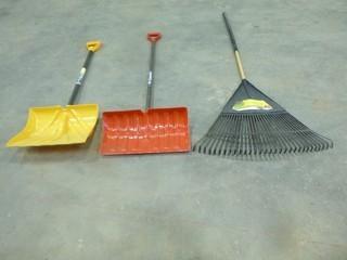 (2) Snow Shovels, (1) Rake