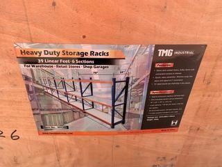 Heavy Duty Storage Racks 39 Linear Feet, 6 Sections.