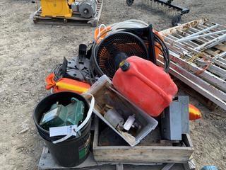 Lot of Assorted Jerry Cans, Tubing/Hose, Cable Lift, Winch & Fan.