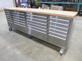 Stainless Steel Tool Bench, Model HTC9624W, 96"L x 19"W X 38"H, C/w 24 Drawers, 6" Casters, Lockable, Side Handles (Not Installed)
