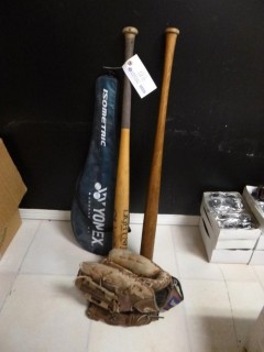 Antique Baseball Bats, Ball, Gloves And Badminton Racket