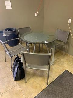 Metal & Glass Table & (4) Chairs, 41" Diameter.