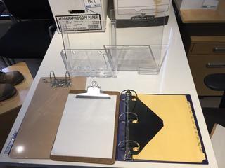 Box of Clipboards, Acrylic Hanging Paper Holders & Binder.