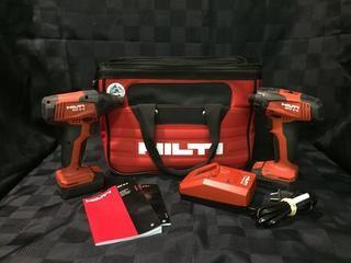 (2) Hilti Cordless Impact Driver, (2) Batteries & Charger in Tote.