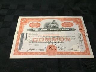 The Lionel Corporation Stock Certificate.