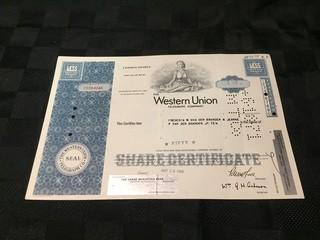 Western Union Telegraph Company Stock Certificate.