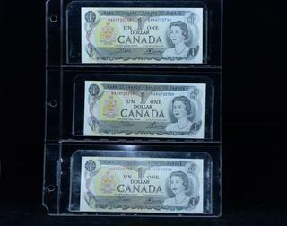 (3) Consecutive 1973 Canada One Dollar Bank Notes.